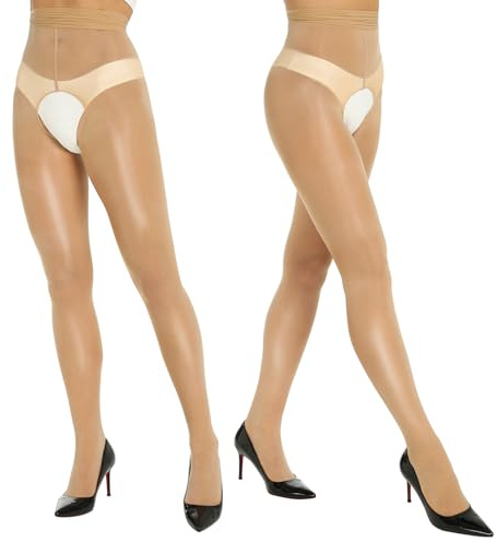 Yilanmy Shiny Sheer Tights Open Crotch pantyhose for Women High Waist shimmery tights Oil Shimmery Nylons 2 Pairs(Natural,L-XL)