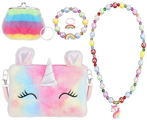 Einhorn Handtasche - Geschenk für Mädchen: Einhorn Kinderschmuck Set mit Halskette, Armband, Ring und Party Dress Up für Rollenspiel und Geburtstag (5-teilig)