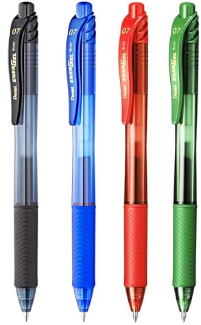 Pentel EnerGel X BL107 - Penna retrattile a inchiostro gel liquido, 0,7 mm, 84% riciclata, nero, blu, rosso, verde, confezione da 4