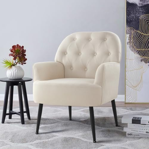 IWMH Armchair for Living Room, Linen Fabric Accent Chair for Bedroom, Occasional Tub Chairs Reading Chair Comfy Big Mid Century, Metal Legs (Beige)