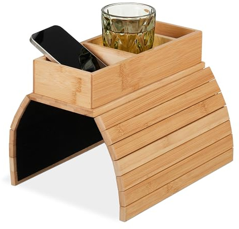 Relaxdays Soffbricka armstöd, bambu, armstödsbord soffa, HBT: 6,5 x 42 x 28 cm, soffhylla med 3 fack, natur