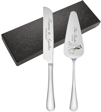 kodinsiivous Tortenheber inkl. Tortenmesser im Set,Personalisiertes Hochzeitstortenmesser- und Servierset mit Gravur,Tortenschneider und Tortenheber, perfekt für Hochzeit,Geburtstag,Party(Silber)