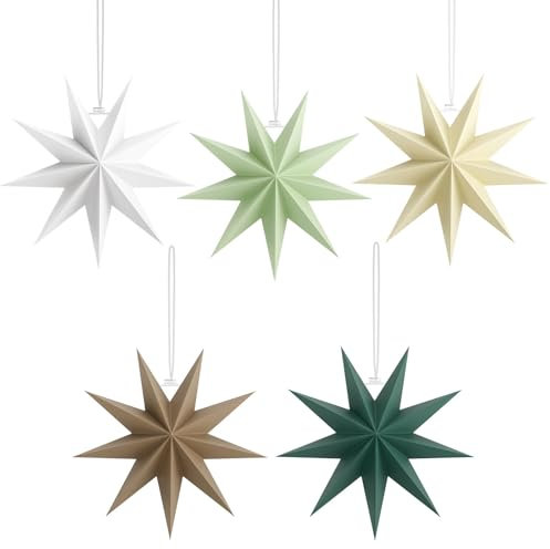 Yomisee Linternas de papel con estrellas de Navidad, 5 piezas de 30 cm, decoración de árbol de Navidad de 9 puntas, estrellas de papel colgantes, estrella colgante de Navidad (multicolor)