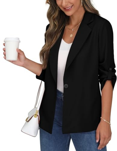 PrinStory Blazer For Women Adjustable Sleeve Ladies Blazer With Pockets Lapel Collar Open Front Buttons Cardigan Jacket (Black Blazer, US 16, UK 20)