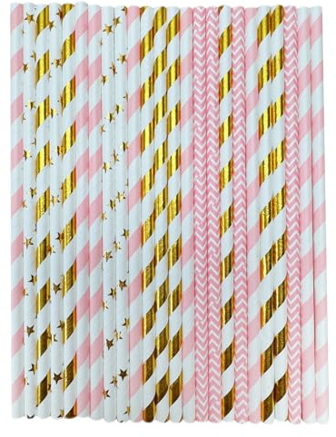 YAOSHENG [100 Count] Paper Drinking Straws 100% Biodegradable Multi-Pattern Party Straws for Birthday, Wedding, Bridal (Pink Gold)