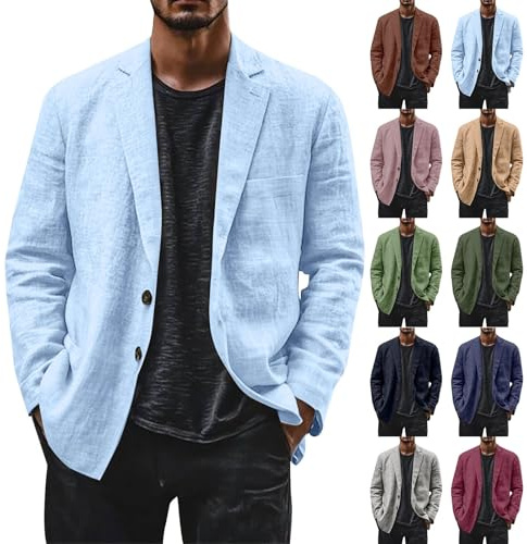 Linen Blazer Men Leisure Suit Jacket Two Button Lightweight Sports Coats Loose Fit Business Office Blazer Solid Color Versatile Suit Jacket Notch Lapels Suits Jackets with Pocket