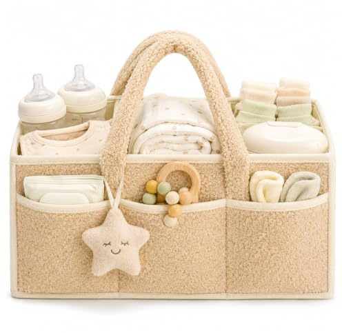 Rzspher Skötväska arrangör, bärbar blöjarrangör, skötbord blöja caddy med avtagbara fack, plysch skötarrangör med handtag för baby bil linda påsar