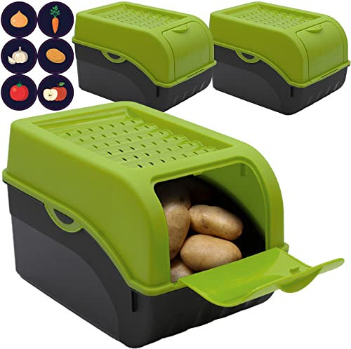ARTECSIS Kartoffel Aufbewahrungsbox Grün 3er Set I Gemüsebox Kartoffelbox mit Deckel für ca. 4 kg Kartoffeln + 6 Aufkleber mit Gemüsesorten