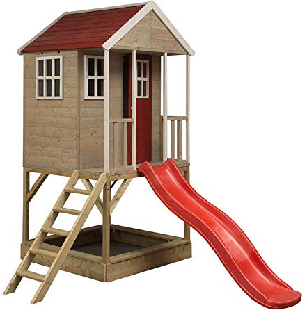 Wendi Toys Holz Stelzenhaus Frosch | mit Rutsche und Sandkasten | Natur | 280x197x242 cm