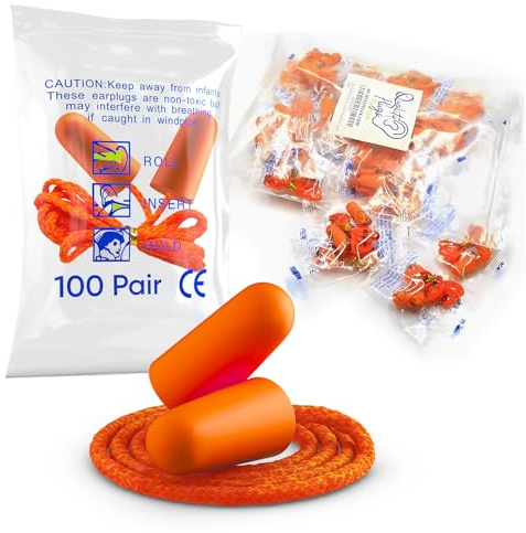 Foam Corded Ear Plugs 100 Pair - 32dB Noise Cancelling Shooting Hearing Protection for Noise Reduction Construction Work Safety Mowing Industrial - Disposable Ear Plugs with Cord Bulk