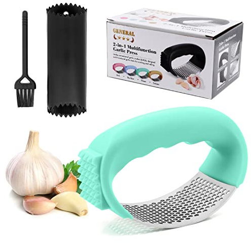 Bemodst Knoblauchpresse, Knoblauchpresse Wippe, knoblauchpresse Edelstahl 304, 2-in-1-Knoblauchschäler, Ergonomischer Griff,Einfach zu Bedienen und Leicht zu Reinigen mit Knoblauch-Reinigungsbürste