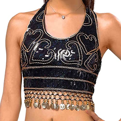GRAEEN Belly Dance Sequin Crop Top Coin Tassel Rave Carnival Costume Bra Tops for Women(One Size, A1-Black)