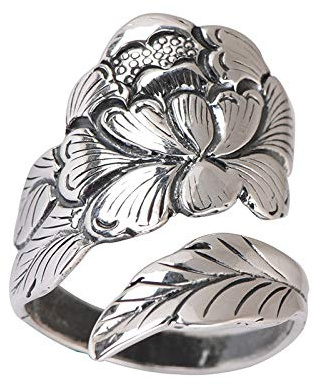 HGJH Bagues Argent,Bague Réglable pour Les Femmes Mode Rétro en Détresse Fleur De Pivoine Gravure Index Bague Bagues D'Éternité Anneaux De Mariage Promesse Anneaux pour Filles Dames