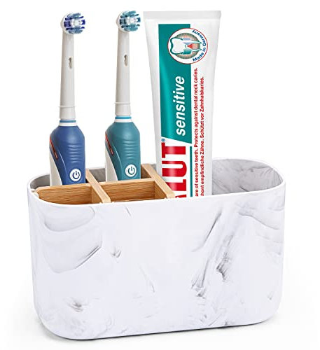 CHONLY Bamboo Toothbrush Holder for Bathroom Storage Organizer Caddy, Electric Toothbrush Holder for Kids Family, 5 Slots Toothbrush and Toothpaste Holder White