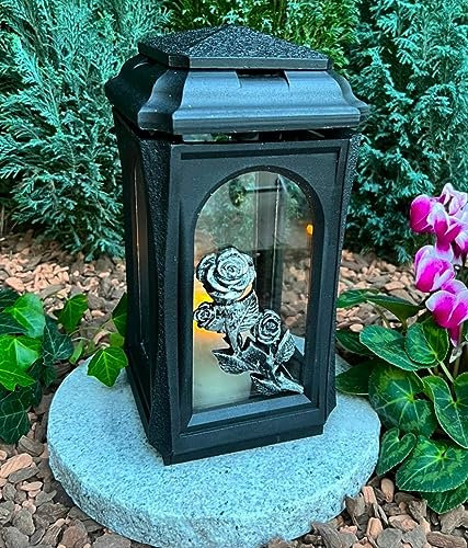 Lanterne funéraire - Lanterne funéraire en noir avec rose - Décoration funéraire - 27 cm de haut - Décoration funéraire - Nouveau modèle sans socle