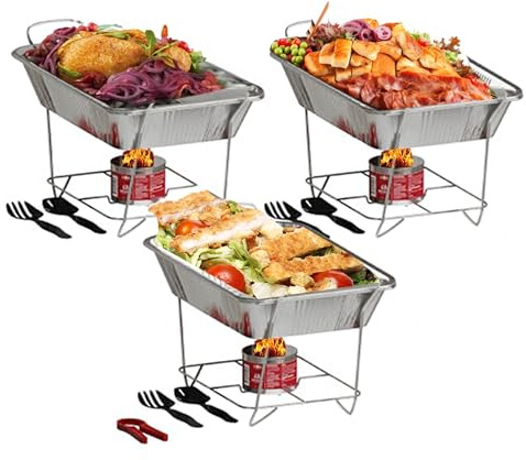 Alpha Living Disposable Chafing Dish Buffet Set, Food Warmers for Parties, Fuel Cans Complete Set, Half Size Pans, Warming Trays (3 Pack)