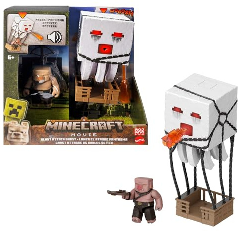 Mattel Minecraft - Ghast Attacco Esplosivo, personaggio ispirato al film con luci, suoni, lanicatore e proiettile, Piglin Guerriero incluso, giocattolo per bambini, 6+ anni, JFB69