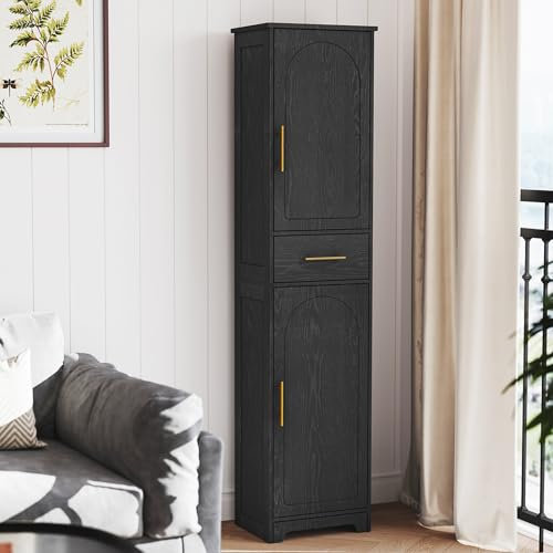Hzuaneri Badezimmerschrank, Aufbewahrungsschrank mit 1 Schubladen & 2 Türen, Verstellbare Ablage, Hoher Schmaler Schrank, für Wohnzimmer, Schlafzimmer, Küche, Flur, Schwarz SC18304X