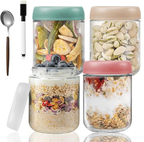 Overnight Oats - Juego de 4 tarros de cristal con tapa de rosca, tarros de 500 ml con tapa de rosca, herméticos, para mermelada casera, conservas, tarros de masón, yogur