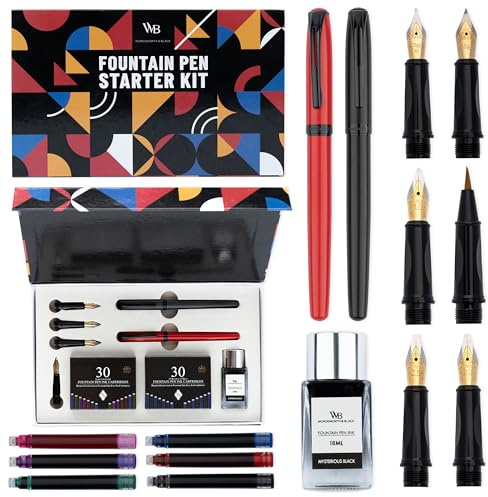 Wordsworth and Black Fountain Pen Set - Black - Includes 2 Pens, 18 ML Ink Bottle, 60 Ink Cartridges, A Refill Converter, 1 Medium and 4 Broad Nibs, Brush Pen - Fountain Kit for Beginners