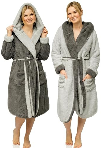 CalmyLIFE Bademantel Damen flauschig Morgenmantel - mit Wendefunktion kuschelige Bademäntel mit Kapuze Kuschelbademantel (L, Dunkelgrau/Hellgrau)