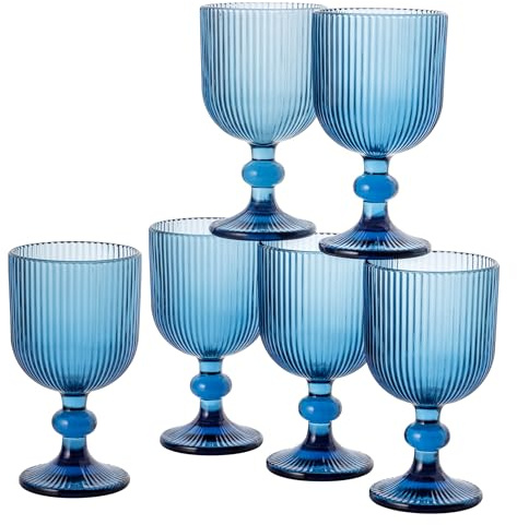 Baroni Home Set 6 pz di Calici in Vetro Colorati e Decorati con Righe in Rilievo 20 CL, Calici Eleganti Lavabili in Lavastoviglie, 8x8x14,5 cm, Blu