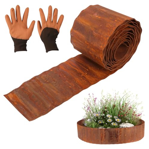 CAKKVDE Metal Lawn Edging 15cm x 6m | Heavy Duty Galvanised Steel Garden Edging Border | Corrugated Landscape Edging for Flower Beds, Grass & Pathways (Rusty)