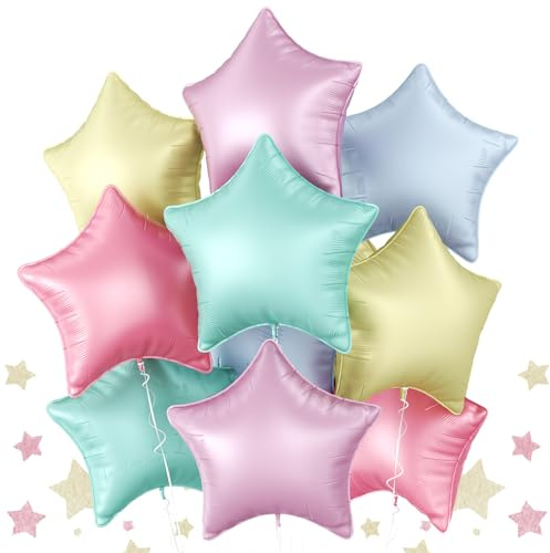 Biapian Pastel Star Foil Balloons, 10PCS Macaron Foil Stars Shape Balloon, 18 Inch Multicolor Stars Balloons for Helium Pentagram Balloon for Girls Birthday, Baby Shower Easter Party Decoration