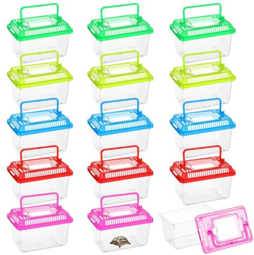15 cajas de terrario para reptiles, jaulas de plástico transparente portátiles con 5 tapas de color, 5 x 3.4 x 3.4 pulgadas, para tortuga, serpiente, araña y peces