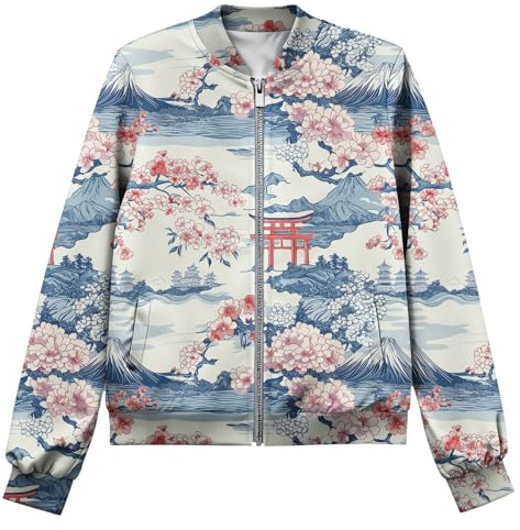 Dirxi 2025 Women's Japanese Traditional Pattern Print Coat Full Zip Crew Neck Long Sleeve Lightweight Jacket Vintage Fashion Warm Casual Bomber Jacket with Pockets,Blue Pink,L