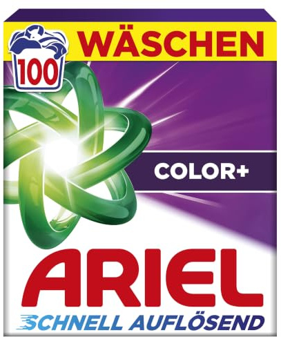 Ariel's snabblösande pulverrengöringsmedel Color+, 100, 100 tvättar, färg+, fläckvägkraft vid 1. Tvättning, omedelbar effekt, även i kallt vatten