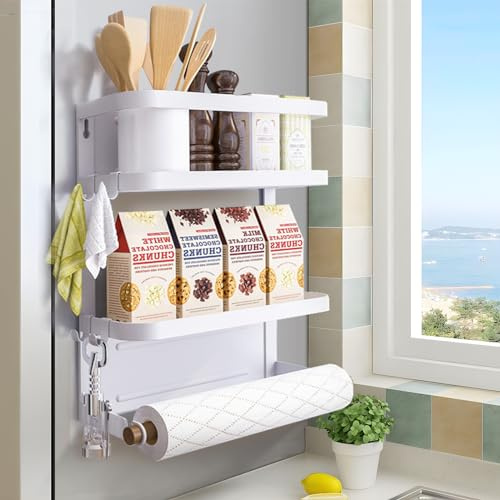 Dr.BeTree Fridge Spice Rack, Magnetic Shelf with Paper Towel Holder 2 Tier Kitchen Refrigerator Storage Rack (White, Medium)
