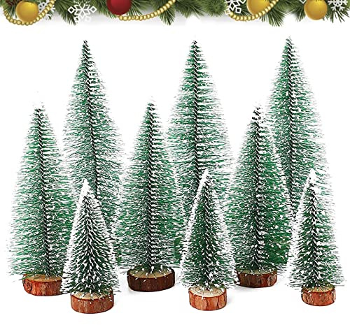 Mini árboles de Navidad, con Base de Madera Árboles de Nieve Artificial Árboles de Pino Árboles de Nieve de sisal Artificial Árboles de Escarcha, 3 tamaños Diferentes (9 Piezas)