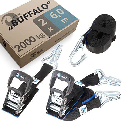 valonic BUFFALO - 2x 6m cinghie di tensione con ganci, 38mm, 1000/2000 Kg, imbottitura, DIN EN 12195-2 - due pezzi, cinghia di trasporto con cricchetto per camion, rimorchi
