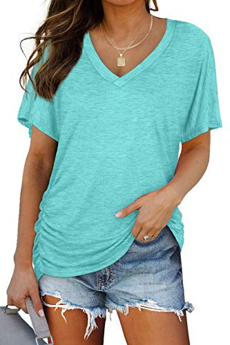 WIHOLL Womens T Shirts Loose Fit Dolman Short Sleeve Tops Vneck Tshirts Casual Spring Blouses Dressy Summer Outfits Beach Vacation Clothes 2026 Aqua XL