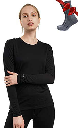 Merino.tech Merino Wool Base Layer Women - 100% Merino Wool Heavyweight, Midweight, Lite Long Sleeve Thermal Shirt and Socks (Medium, 165 Black)