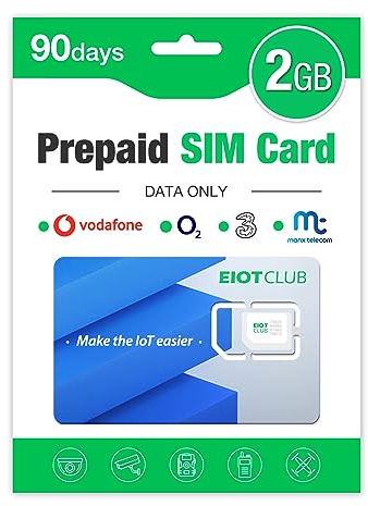 EIOTCLUB Data Only SIM Card 2GB Pay As You Go, SIM Card No Contract, Compatible with O2, Vodafone, 3, Manx Networks for 4G LTE Security Camera/Wildlife Camera/router/mobile wifi