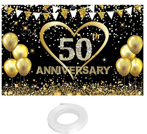 Honatrv Striscioni per 50 Anniversario di Nozze, 180x115cm Decorazioni Matrimonio, Colore Nero e Oro