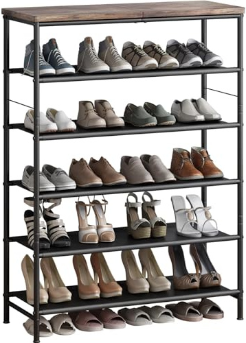 INGIORDAR Shoe Rack Organizer 6 Tier Metal Organizer Shelf with Industrial MDF Board and Layer Fabric for Entryway Closet Bedroom Living Room Garage,Black & Rustic Brown (Black+Rustic Brown, 6 Tier)