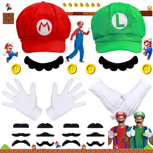 Oneroomone Mario Und Luigi Kostüm, Luigi Kostüm Hut, Cosplay-Kostüme Für Kinder, Lustiger Hut Karneval Halloween Cosplay Kostüme Für Männer, Frauen, Jungen, Mädchen