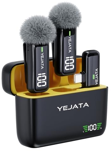 YEJATA Wireless Microphone for Phone with Transmitter Digital Display and 40 Hours Charging Case, Wireless Lavalier Microphone with USB Type C Port for Video Recording - Set of 2