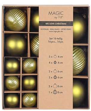 Weihnachtskugeln Glas 4-8cm Mix 16er Set - matt & glänzend gerillt - Christbaumkugeln Weihnachtsbaumkugeln für Weihnachten - Christbaumschmuck & Weihnachtsbaumschmuck Olivgrün - Green Olives