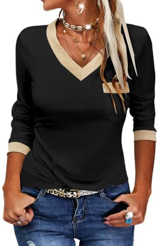Fisoew T-Shirt à Manches Longues décontracté pour Femme - Col en V - Bloc de Couleurs - Manches Longues - Tunique Basique, Noir, XXL