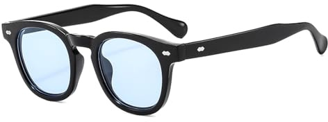 Long Keeper Lunettes de Soleil Ronde pour Homme Femme Classique Vintage Lunettes Rondes Retro Style Lunettes de Soleil Unisexe Protection UV400, 44mm (Noir Monture - Lentilles Bleu)