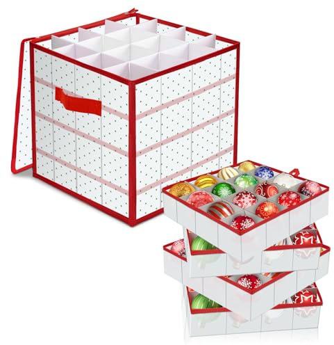 Robofun Caja de Almacenamiento de Bolas de Navidad, Bolsa de Almacenamiento para Decoraciones de árbol de Navidad, 4 Niveles Extraíbles con Asas, 64 Bolsas de Caja de Bolas, 34x34x34cm