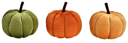Dekokürbis 3er Set künstliche Samt-Kürbisse in Orange Grün - Kürbisse Dekokissen für Halloween Ø18 x 14 cm Herbstdekorationen - Kürbis Herbsthochzeit Deko Herbstdeko Thanksgiving-Dekoration Kürbisform