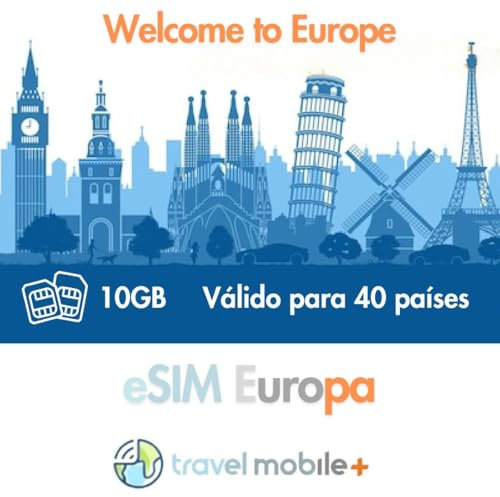 Tarjeta eSIM para Europa con Datos 10GB Travel Mobile Plus+ Durante 30 días | Sim Internacional | Conexión 4G de Alta Velocidad | SIM Prepago de Datos para Turistas y Viajeros | Más de 40 países