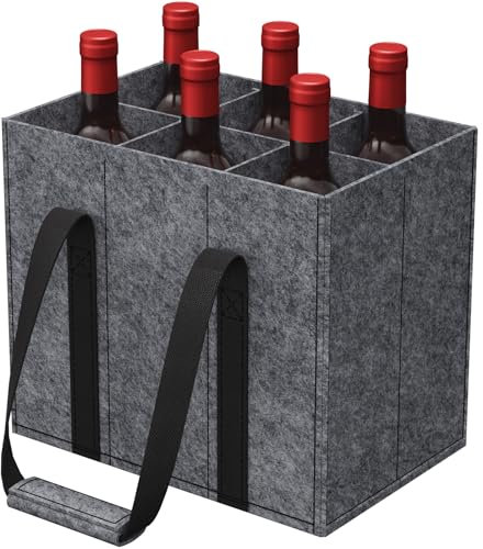 Lifewit Flaschentasche 6 Flaschen, Stabil Filz Flaschenträger mit Griff, Faltbare Flaschenkorb Wohnmobil für Wein, Getränke, Weinflaschen, Bottle, Grau, 30 x 20 x 26cm, 1 Stück
