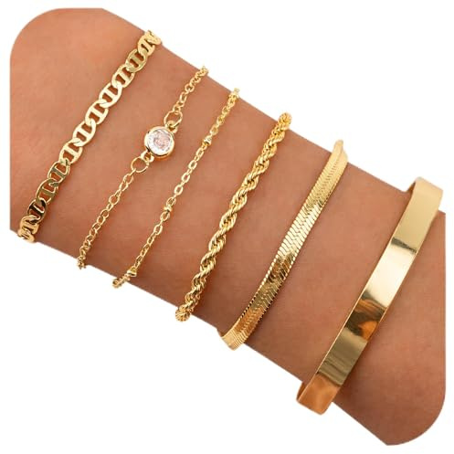 Fantasyon 6Pcs Set de Pulseras Mujer Acero Inoxidable Pulseras Chapadas Oro 14K Pulseras de Cadena Mujer Oro Ajustable Apilables Pulseras Figaro Serpiente para Mujer San Valentín Regalo