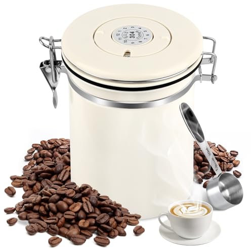 Boîte à Café Hermétique en acier Inoxydable,Boîte hermétique en grains avec couvercle sous vide ,Conteneurs de stockage pour le café ,Récipient avec Cadran de Date et Cuillère Doseuse pour café,1.8L